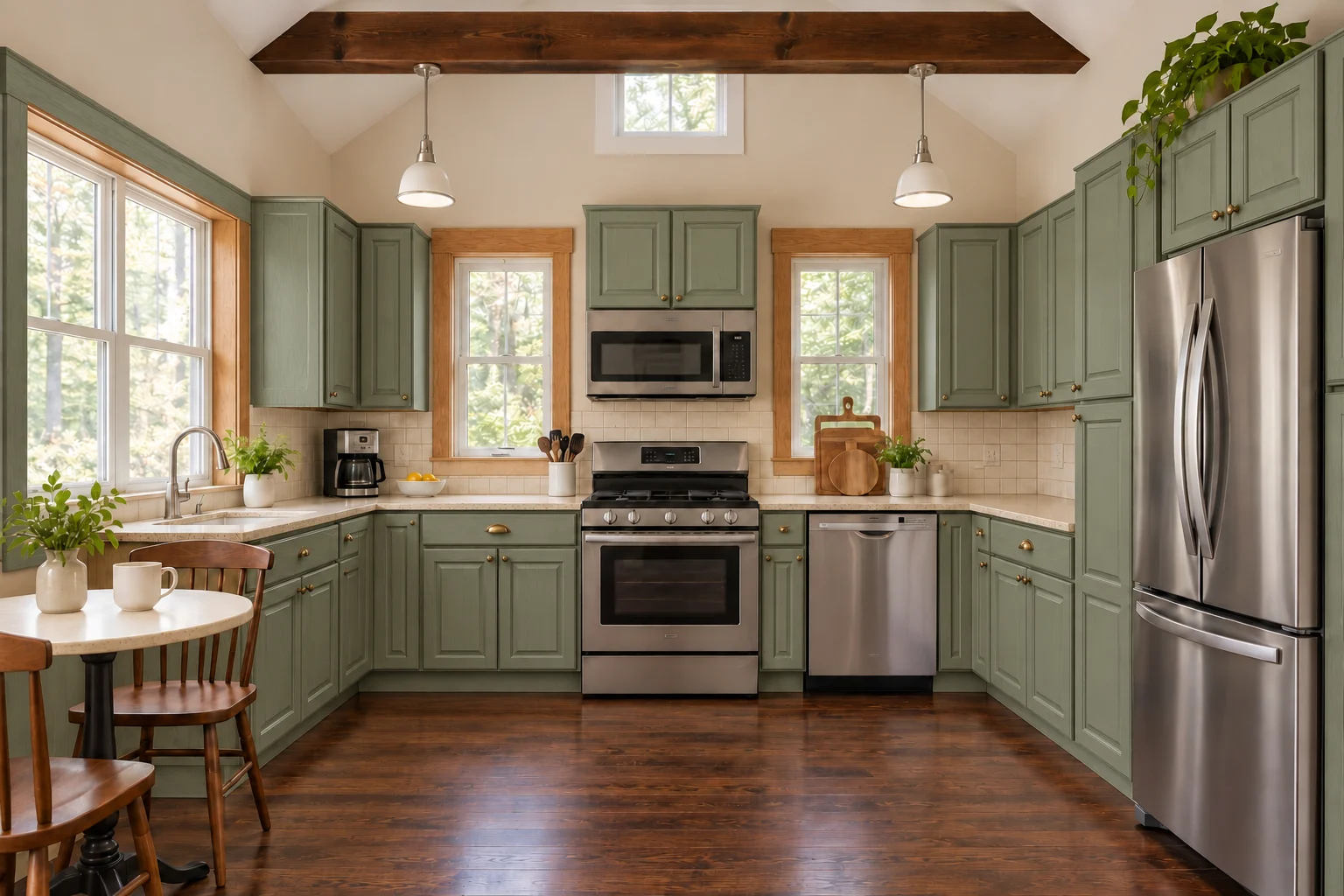 The same dated kitchen with sage green raised-panel cabinets and its original counters, backsplash, and lighting