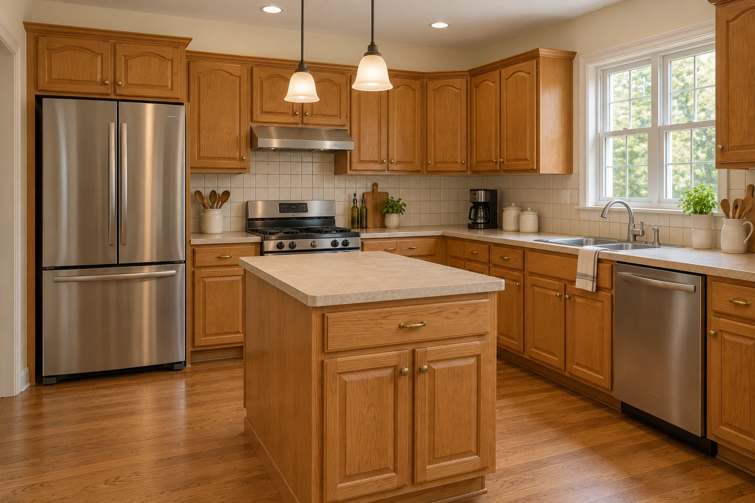Oak kitchen with a small, dated oak island