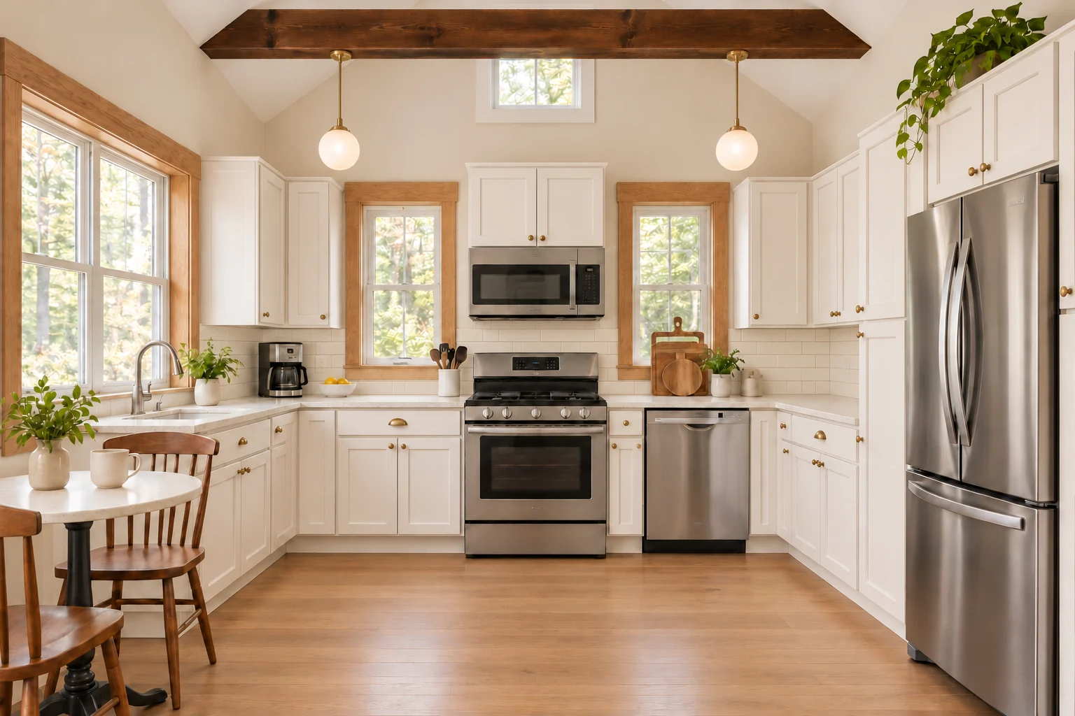 U-shaped kitchen with warm white shaker cabinets, pale quartz counters, ivory subway backsplash, a light wood floor, and brass pendant lights