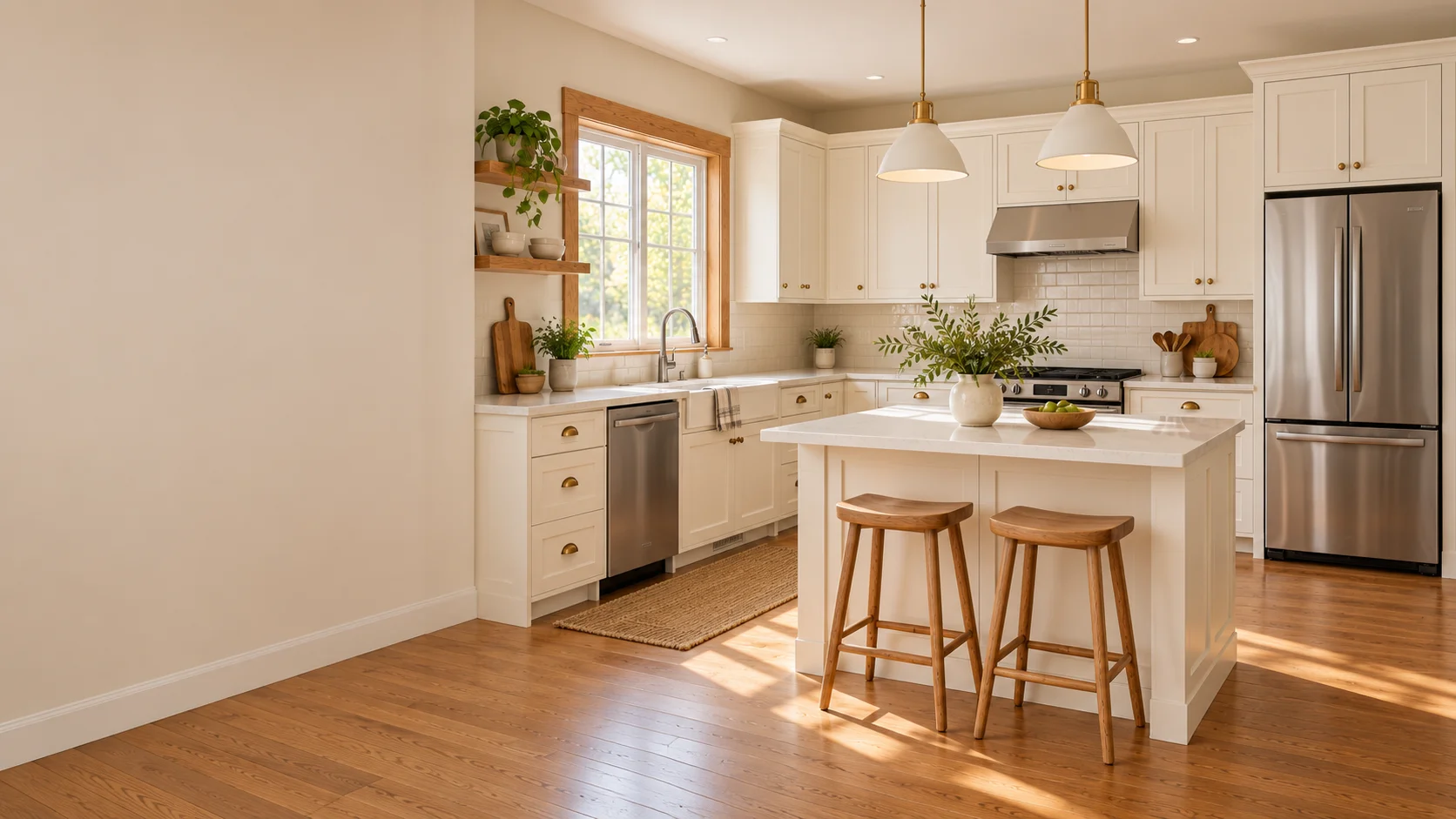 Bright kitchen with warm white shaker cabinets, a white island with wooden stools, and brass pendant lights